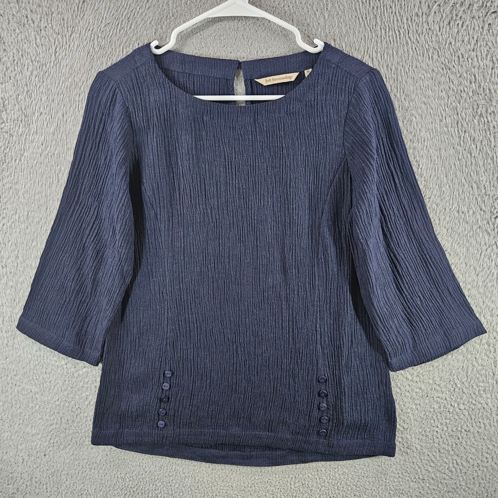 Soft Surroundings Navy Blue Crinkle Ramie Rayon‎ Top Button Detail XS
